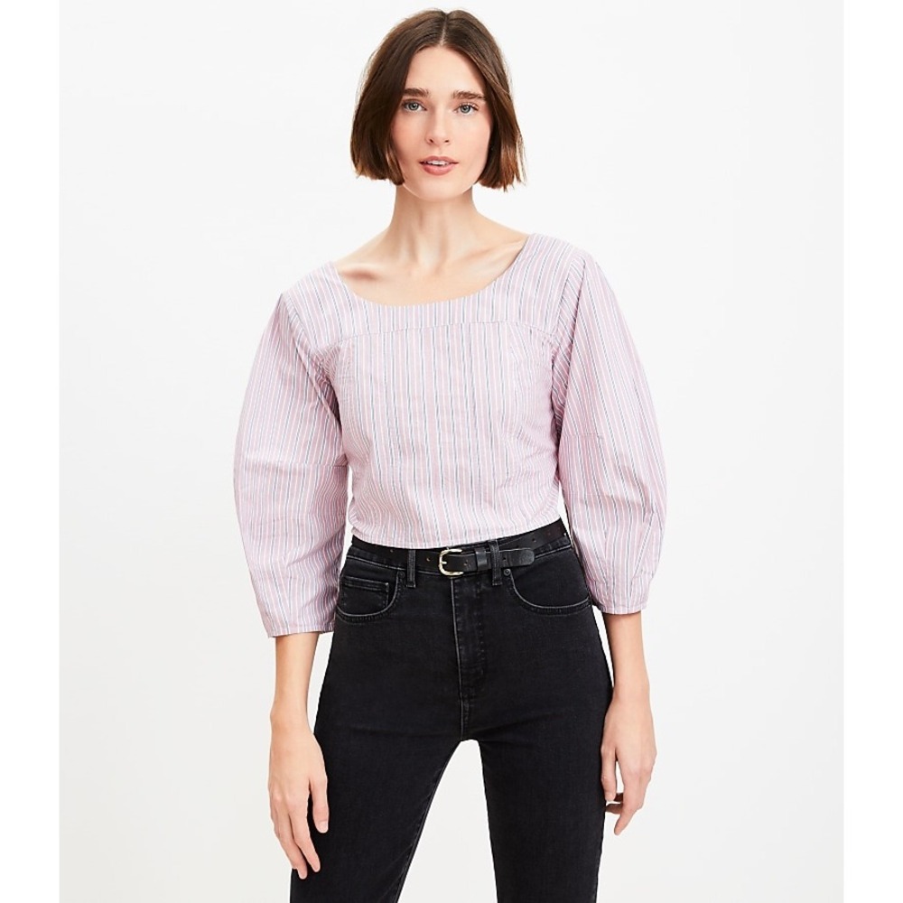 LOFT Striped Poplin Corset Seamed Blouse Puff Sleeve Smocked Pink 00P